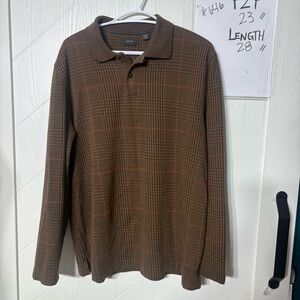 Arrow Men's Long Sleeve‎ Plaid Polo Shirt Brown Houndstooth Glen Check Size L